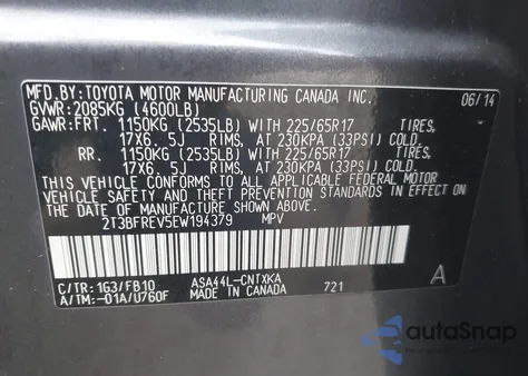 2014 Toyota Rav4 Le из США, поврежденный, VIN 2T3BFREV5EW194379